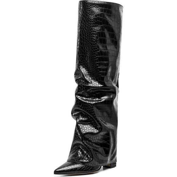 🆕Women's Black Slouchy Knee High Boots Pointed Toe Fold Over Chunky Shark Boots